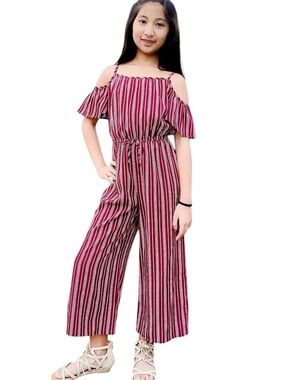Jenna & Jessie Girls 10 Jumpsuit Off Shoulder Romper Striped Burgundy Tie Front